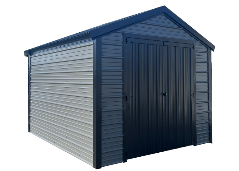 Front angled view of gray metal storage shed with black double doors
