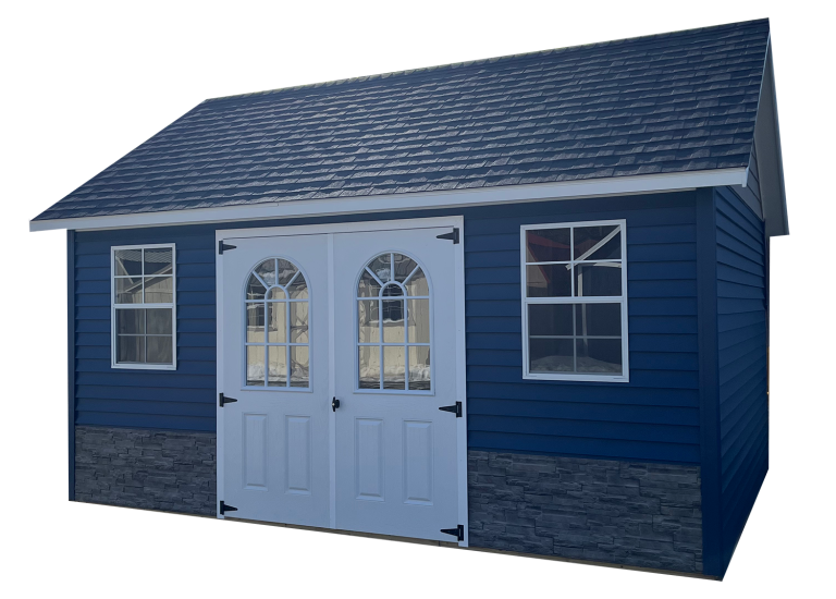 Front view of blue vinyl shed with white double doors, windows, and stone wainscot.
