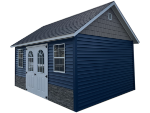 Front and side view of blue vinyl shed with white double doors, windows, and stone wainscot