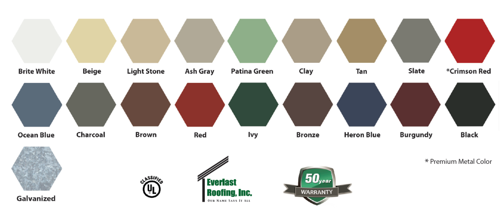 Metal Colors: Brite White Beige Light Stone Ash Gray Patina Green Clay Tan Slate *Crimson Red Ocean Blue Charcoal Brown Red Ivy Bronze Heron Blue Burgundy Black
